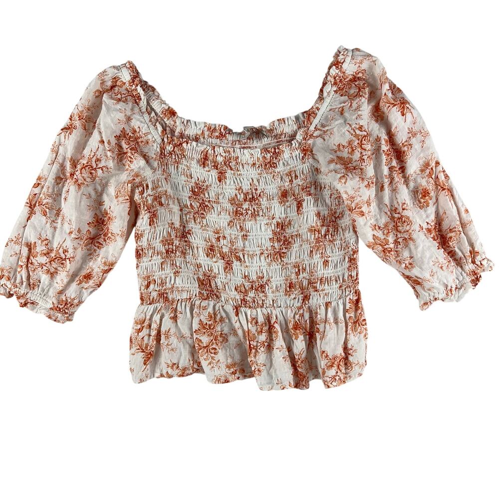 LOFT Womens Smocked Square Neck Puff Sleeve Crop Top SZ XS Rust Floral Toile
